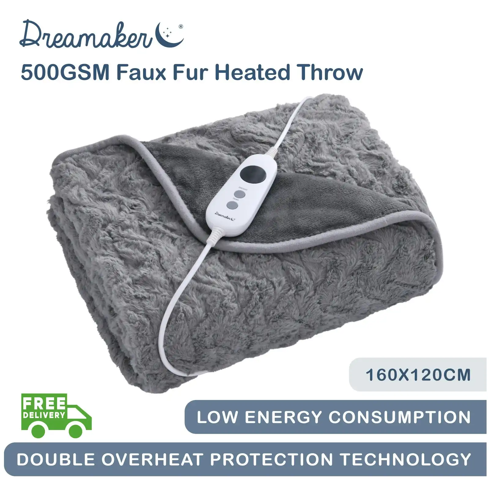 Dreamaker 500Gsm Faux Fur Heated Throw Silver 160 x 120cm