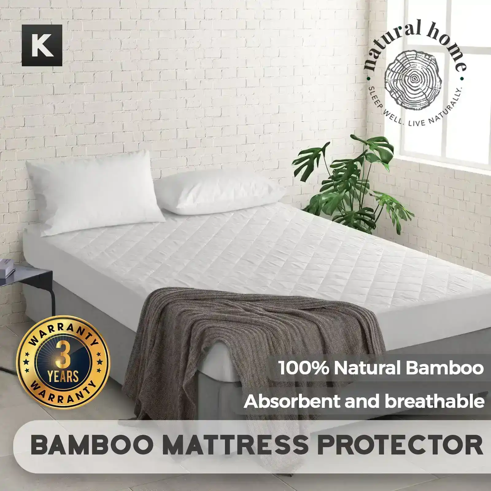Natural Home Bamboo Quilted Mattress Protector White King Bed