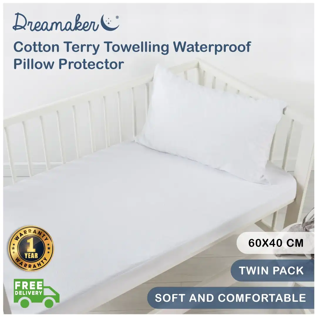 Dreamaker Cotton Terry Towelling Waterproof Cot Pillow Protector - 60 X 40 Cm  (2 Pack)