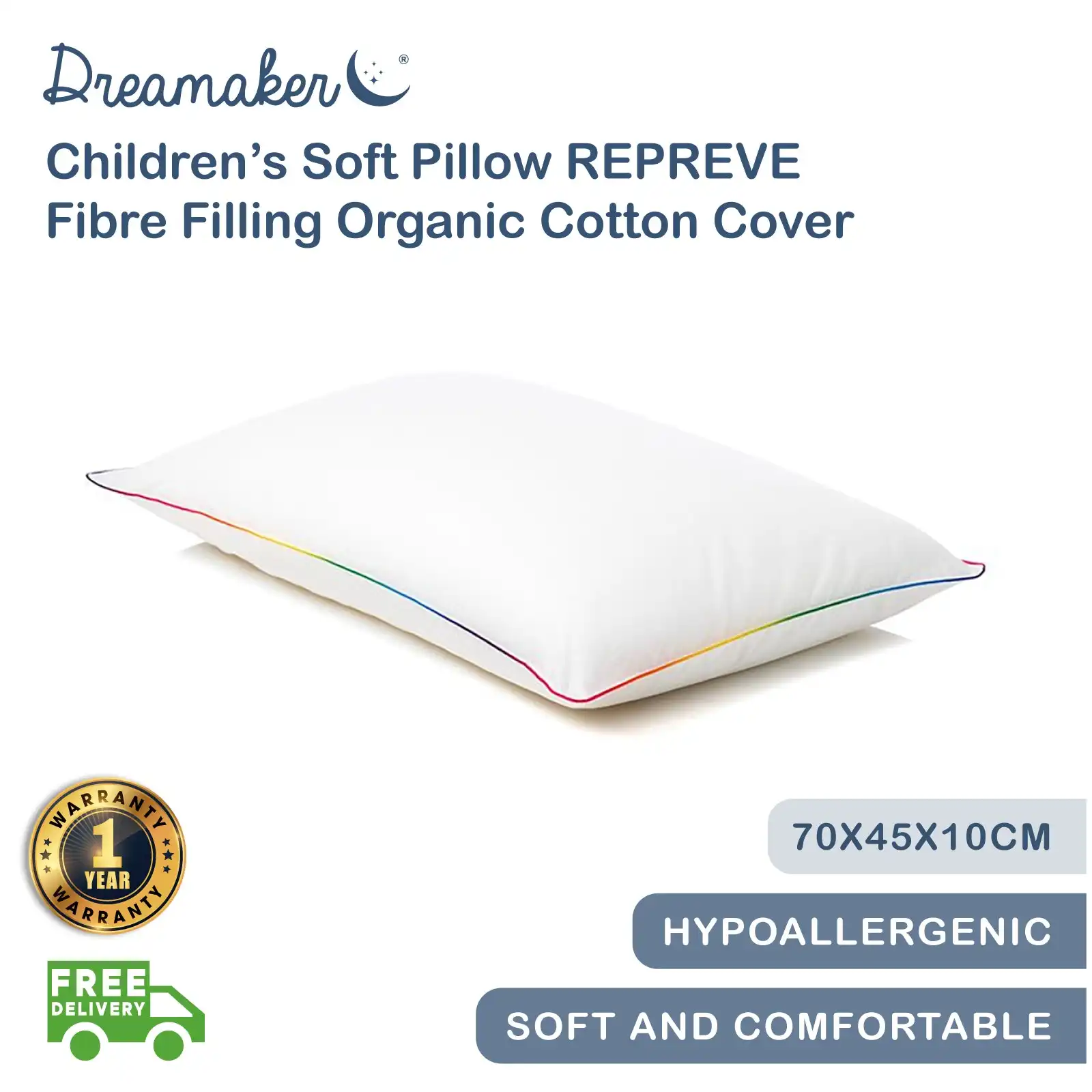 Dreamaker Children’s Soft Pillow REPREVE Fibre Filling Organic Cotton Cover Breathable Low Profile 70x45x10cm