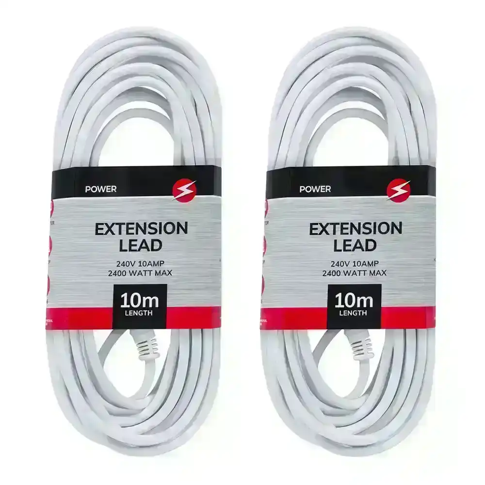 2x Power 10m Extension Lead/Cord Cable AU/NZ 2400W 240V Home/Office Plug White