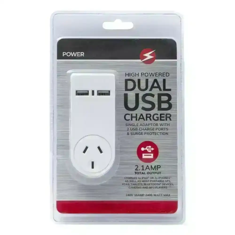 Power 2.1 AMP Single Adapter & Dual USB Charger with Surge Protect f/Indoor Home