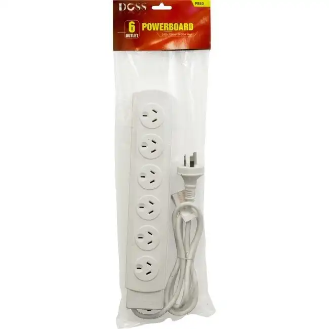 Doss 2400W 6-Way Powerboard 1m Power Cord 6 Outlets w/ Overload Protection White
