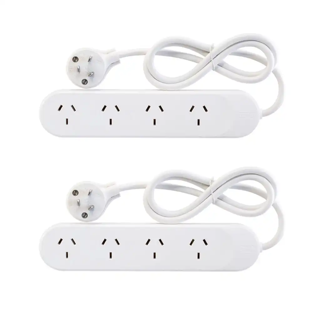 2x HPM 4-Way Outlet 2400W 10A 240V Powerboard 1m Power Cord 4 Outlets/Socket WHT
