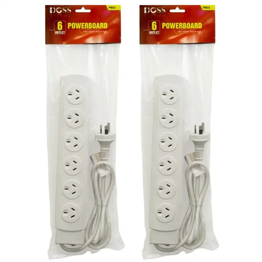 2x Doss 2400W 6-Way Powerboard 1m Power Cord 6 Outlets w/ Overload Protection WH