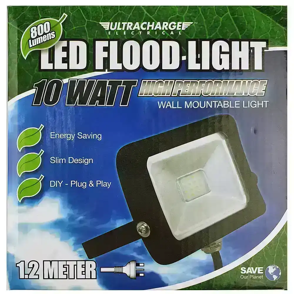 UltraCharge 10W LED Floodlight Cool White Wall Mounted Outdoor Flood Light BLK