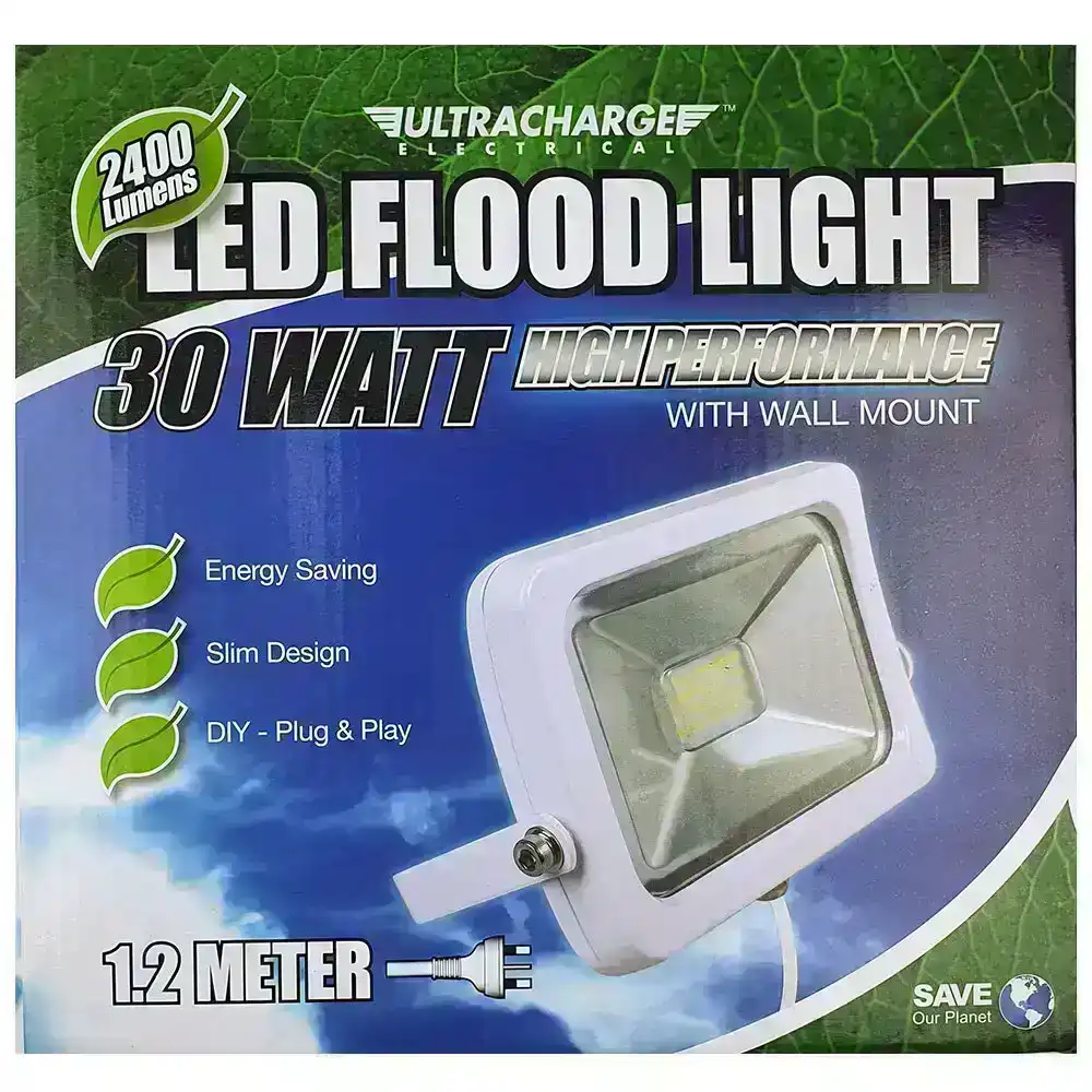 UltraCharge 30W LED Floodlight Cool White Wall Mounted Outdoor Flood Light WHT