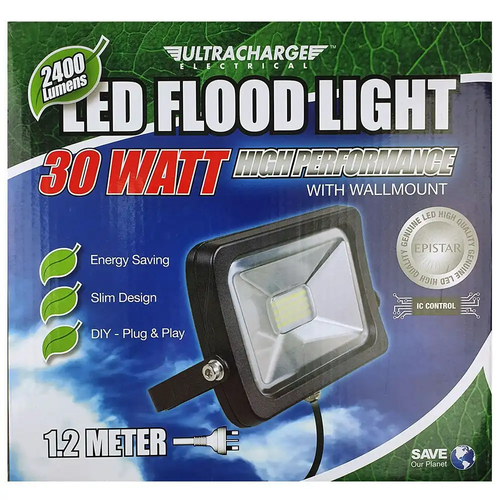 UltraCharge 30W LED Floodlight Cool White Wall Mounted Outdoor Flood Light BLK