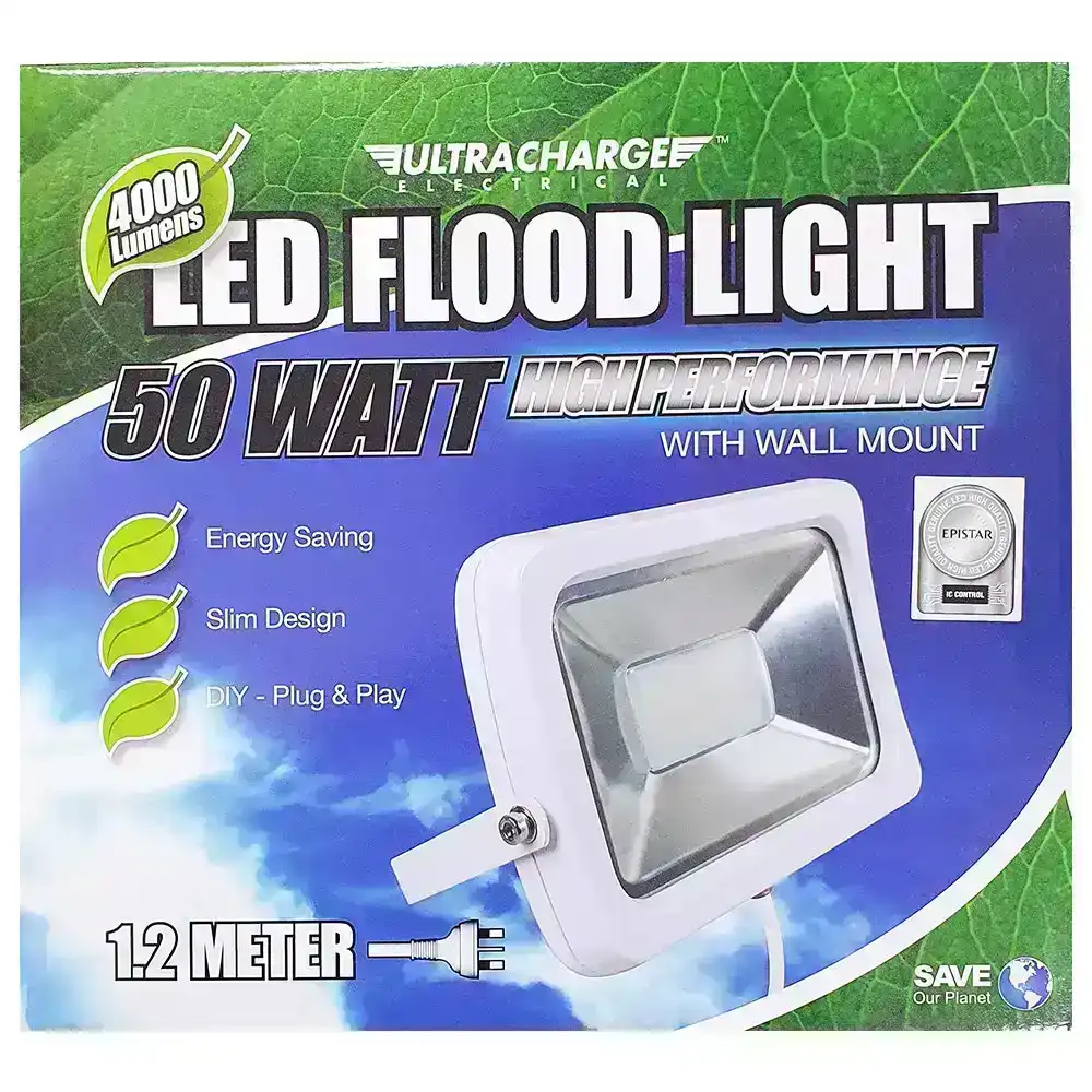 UltraCharge 50W LED Floodlight Cool White Wall Mounted Outdoor Flood Light WHT