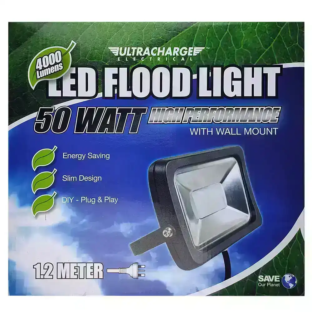 UltraCharge 50W LED Floodlight Cool White Wall Mounted Outdoor Flood Light BLK
