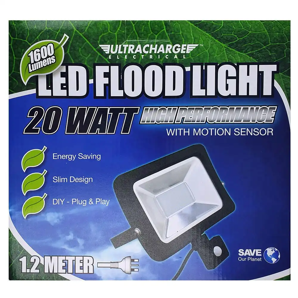 UltraCharge 22.3cm LED 20W Sensor Floodlight Outdoor Flood Light w/ Mount Black