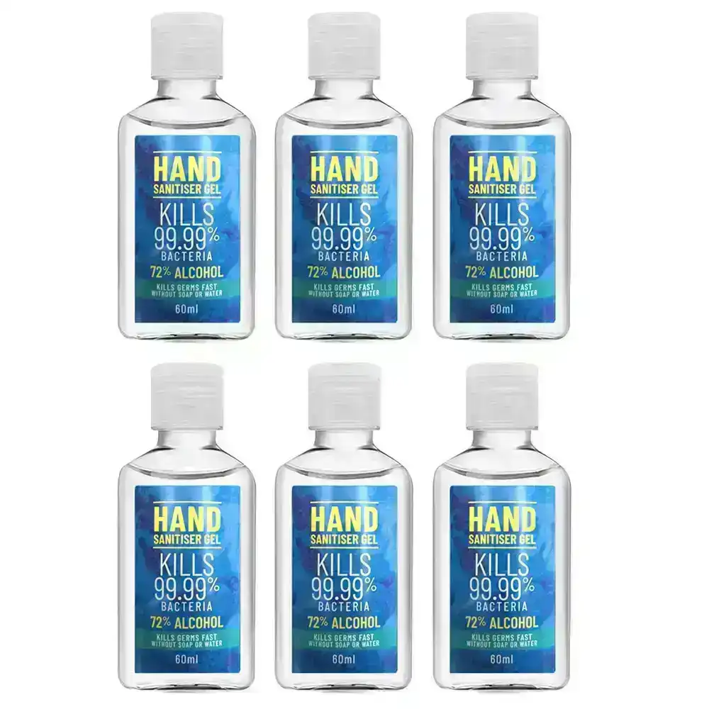6x 60ml Hand Sanitiser 72% Alcohol Antibacterial Travel Size Hand Hygiene Gel