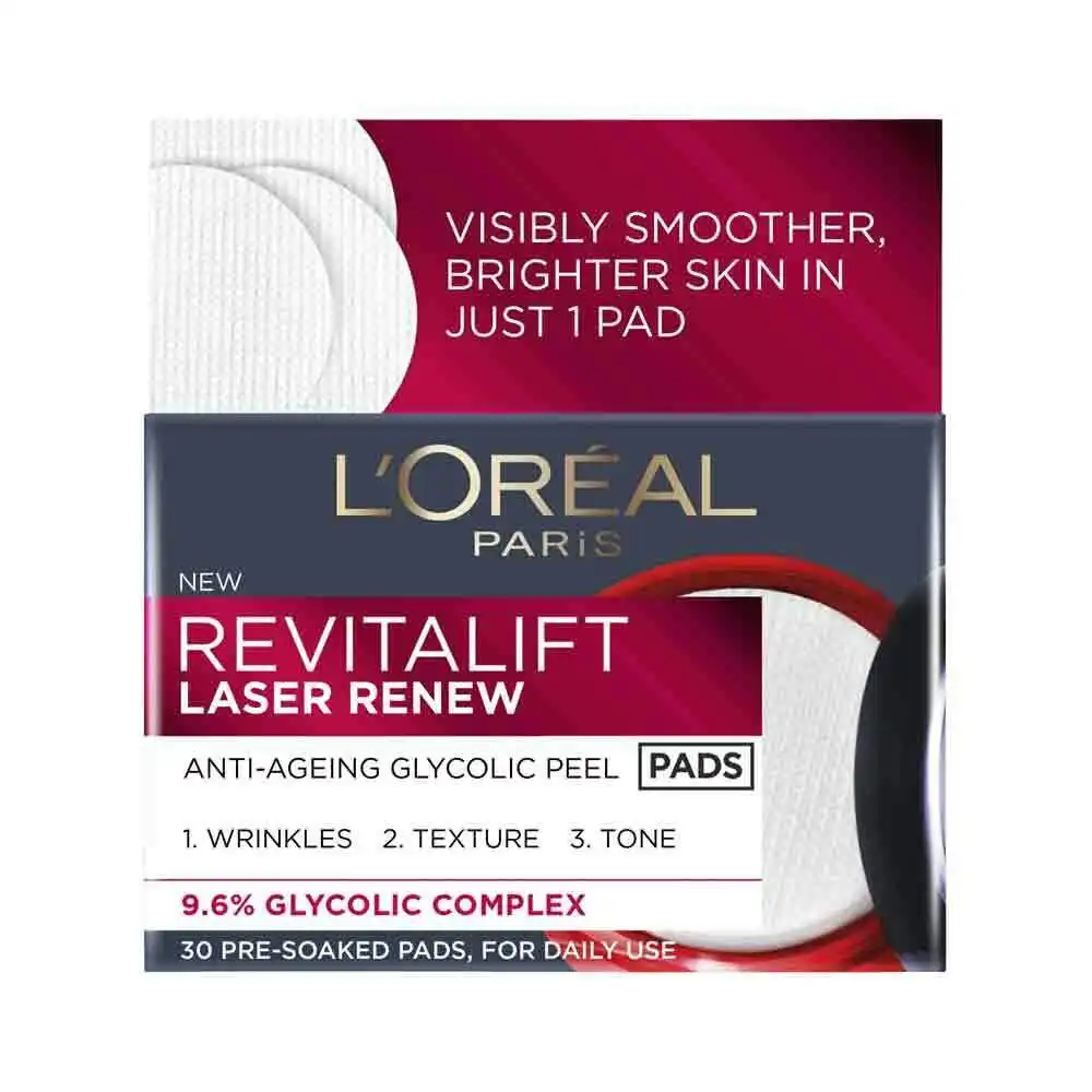 30pc Loreal Revitalift Laser Renew Anti-Ageing Glycolic Skin Care Peel Pads