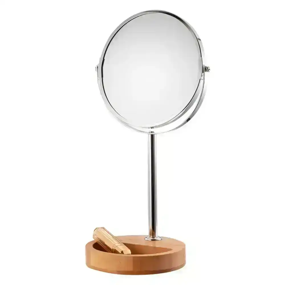 Clevinger Round Makeup Mirror Verona Metal Chrome w/ Bamboo Stand/Holder Silver