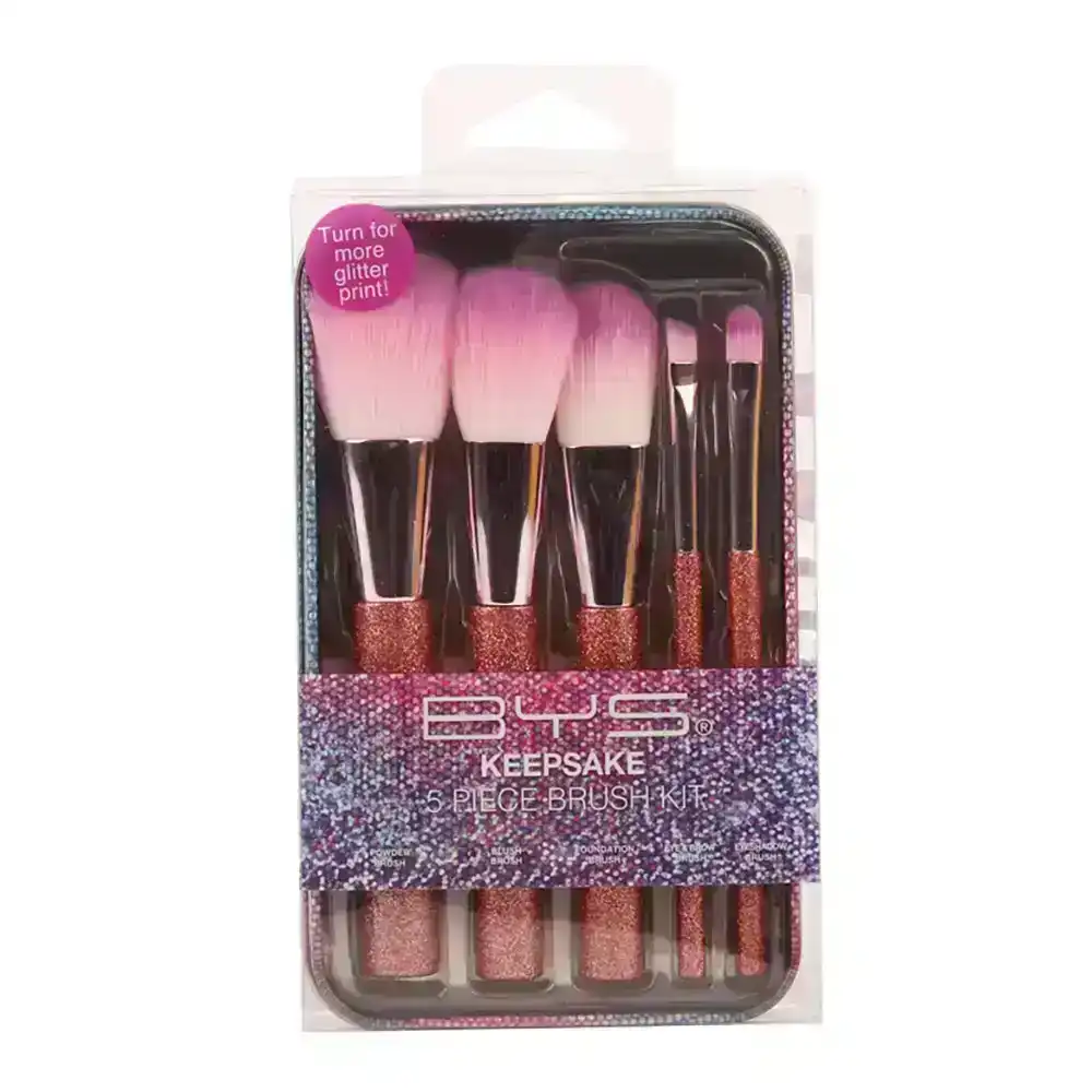 5pc BYS Makeup Brushes Keepsake Tin Glitter Powder/Blush/Foundation/Eyebrow Set
