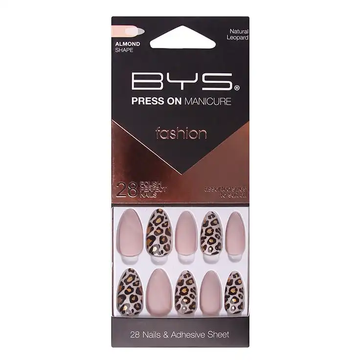 28pc BYS Press On Manicure/Artificial Reusable Fake Nails Natural Leopard Almond