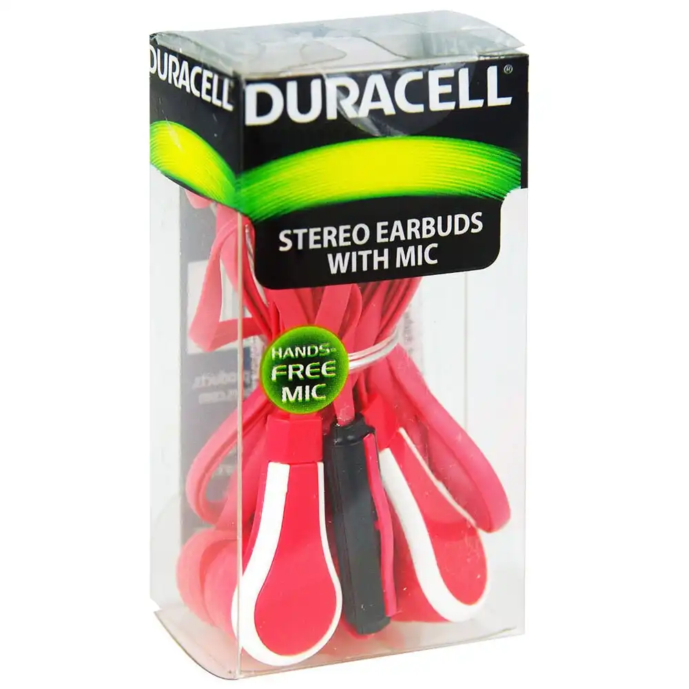 Duracell Earphones Wired 3.5mm Jack Stereo Earbuds w/ Mic for Mobile Phones Red