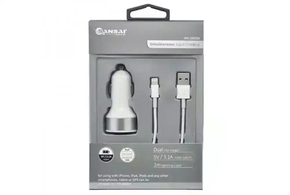 2 USB Port Car/Vehicle Charger w/8 Pin Cable for Smartphone/iPhone/iPad/iPod