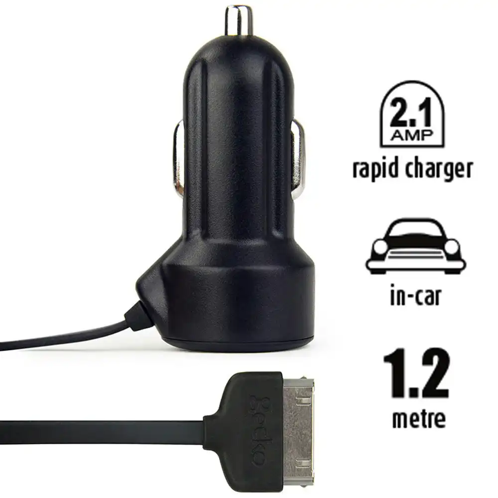 Gecko 2.1A Car Travel Charger 1.2m Adapter For iPad/iPod/iPhone 3G/3GS/4/4S BLK