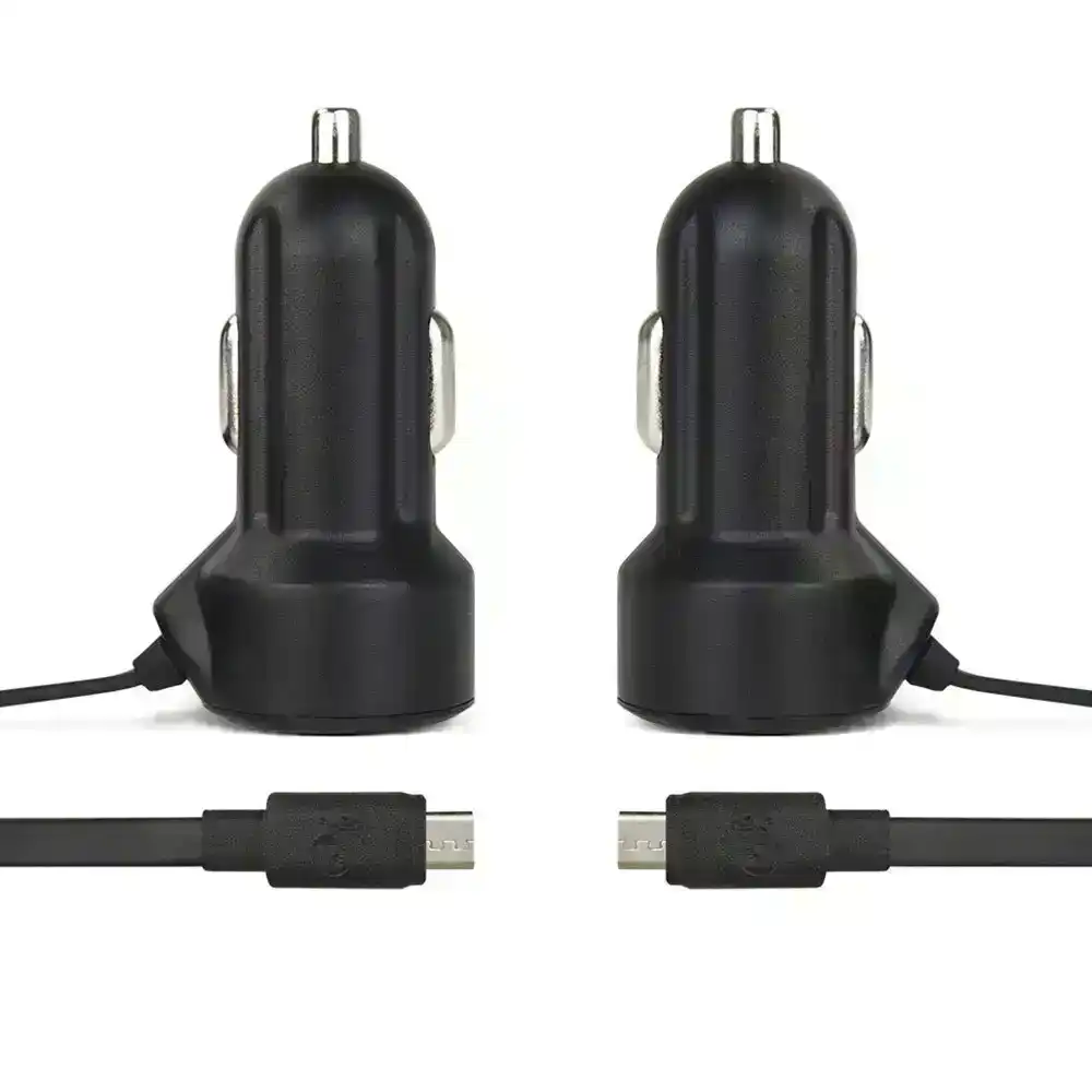 2x Gecko 2.4A Car Charger 1.2m Micro-USB Cable for Android Phones GPS Cam Black