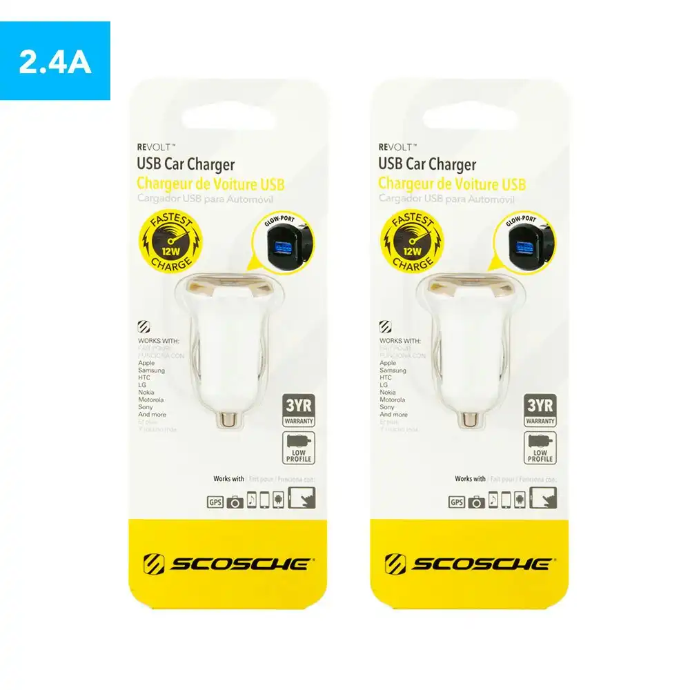 2x Scosche reVOLT 12W 2.1A USB Car Charger/Fast Charging f/ Smartphones/Tablets