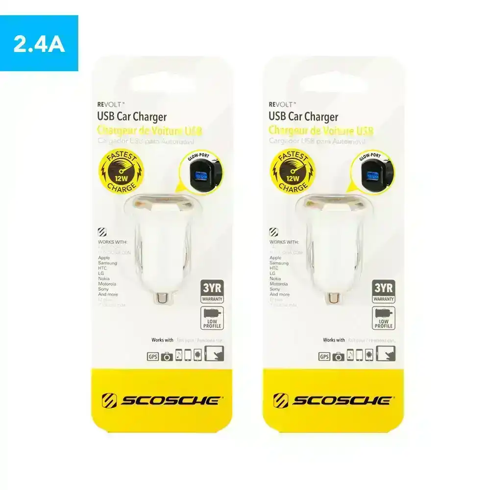 2x Scosche reVOLT 12W 2.1A USB Car Charger/Fast Charging f/ Smartphones/Tablets