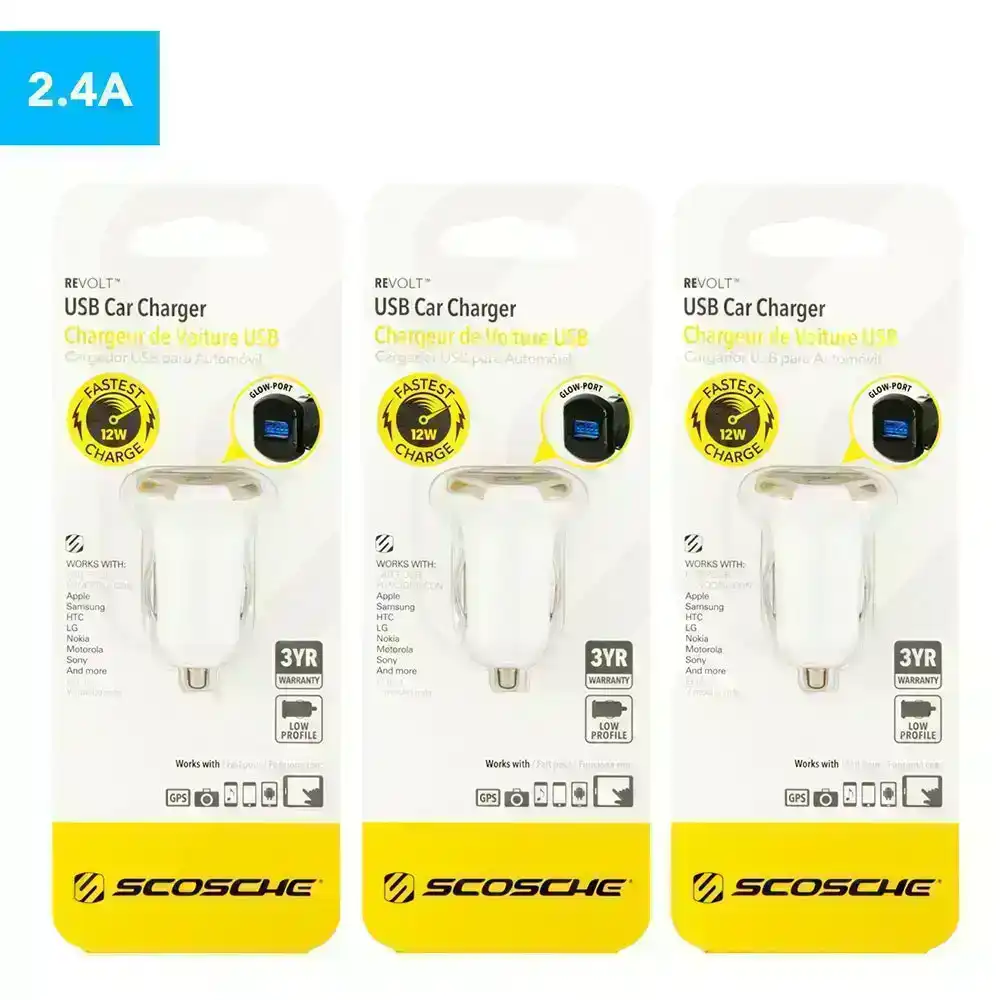 3x Scosche reVOLT 12W 2.1A USB Car Charger/Fast Charging f/ Smartphones/Tablets