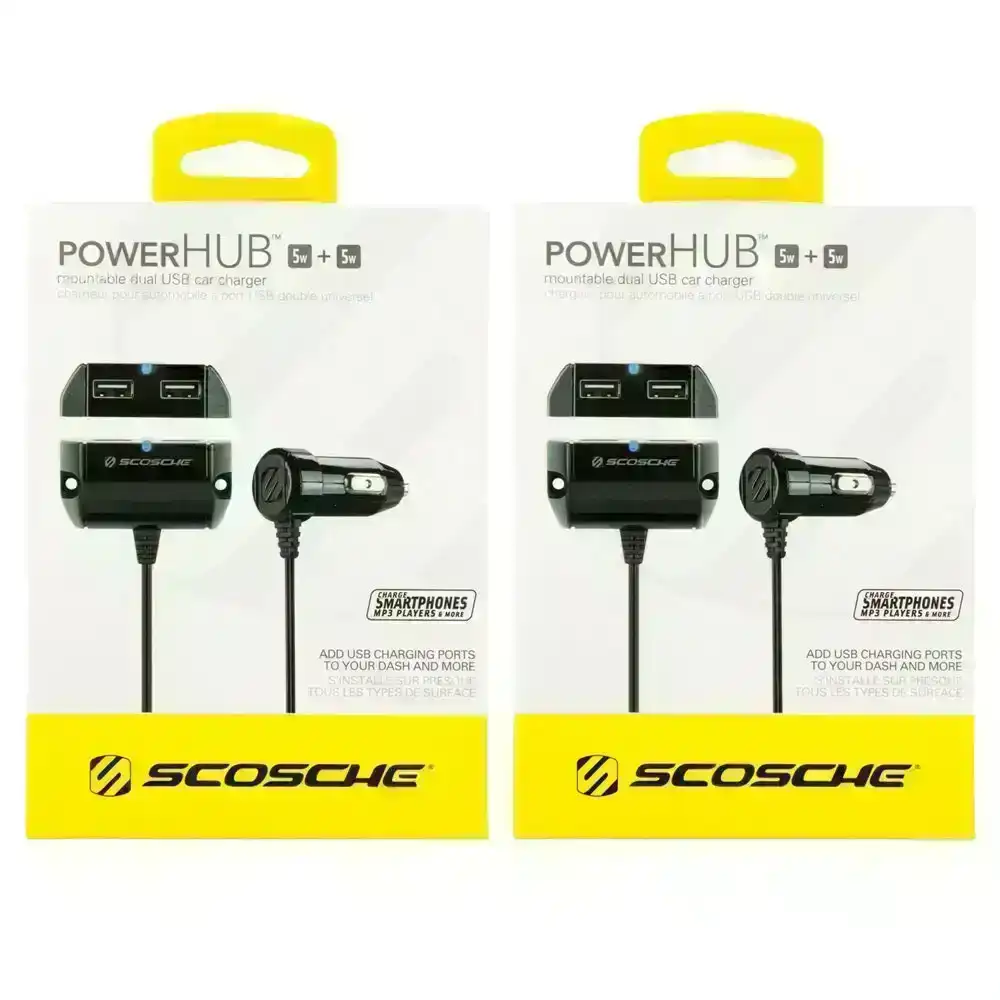 2PK Scosche PowerHub 10W Mountable Dual USB Cigaret Car Charger for Smartphones