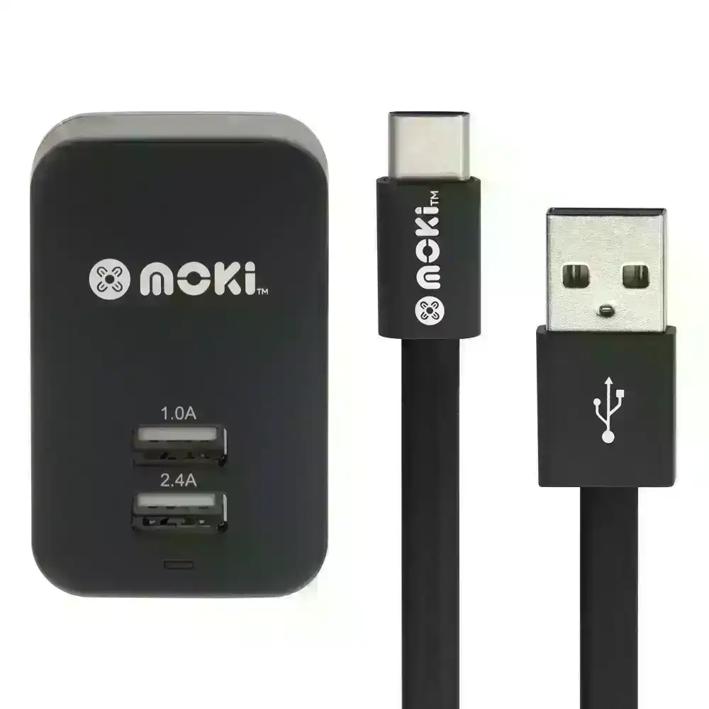 Moki Wall Charger Adapter w/ Type-C Syncharge USB C Cable for Samsung/LG Black