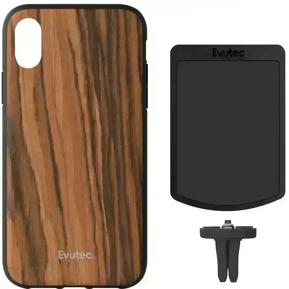 Evutec AER Wood Drop Proof Case Cover For Apple iPhone X/XS w/Car Vent Mount BRW