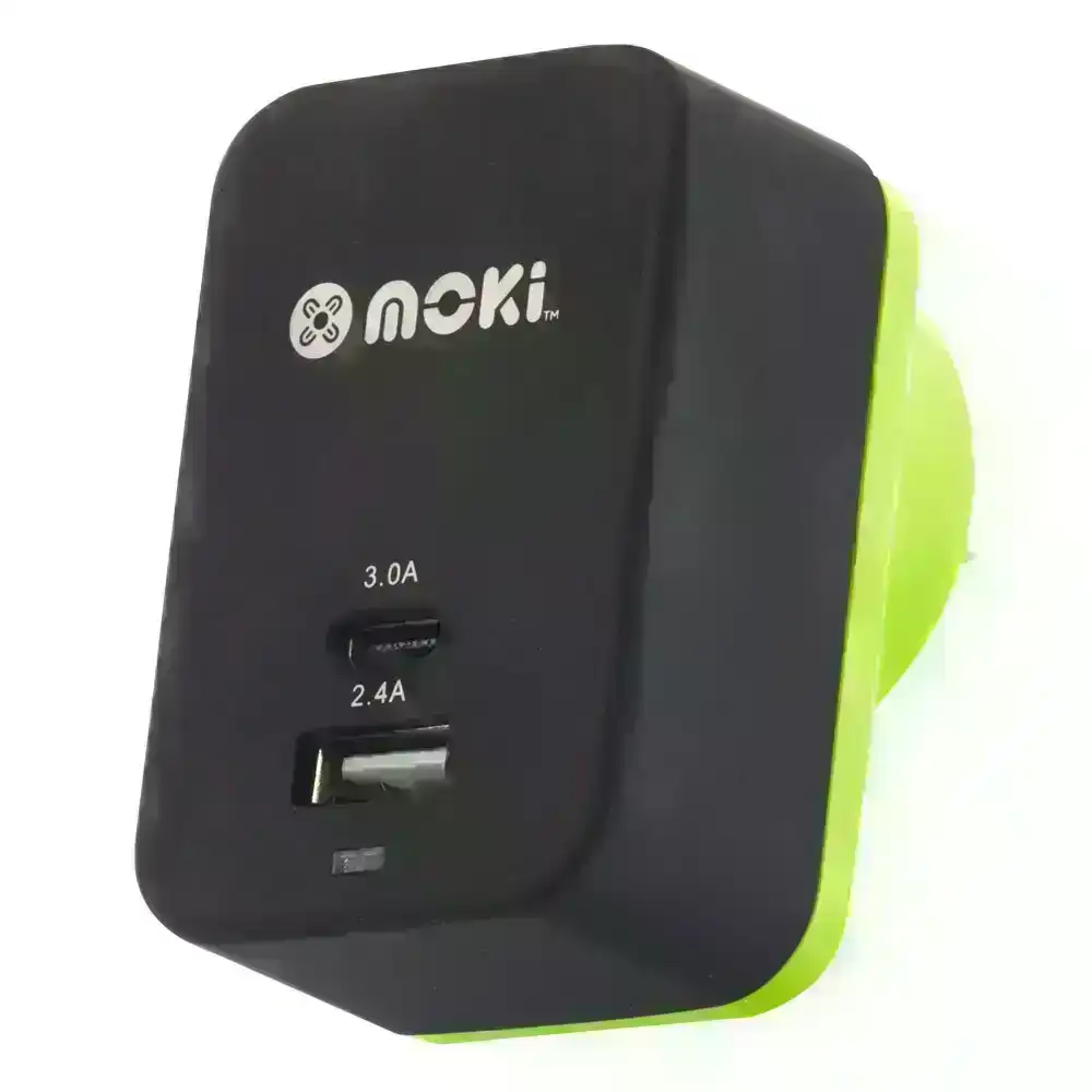 Moki Dual Port Type-C USB-A Adapter Plug/Wall AU/NZ Charger for Smartphones BLK