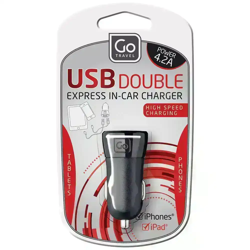 Go Travel Double USB Port Car Charger 4.2A Socket for Phones/Tablets Black
