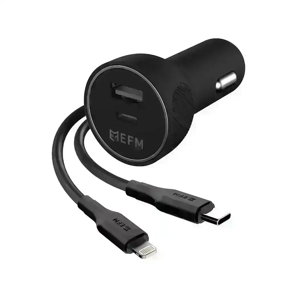 EFM 57W Dual Port Car Charger w/Type C to Lightning Cable Phone Charger Black