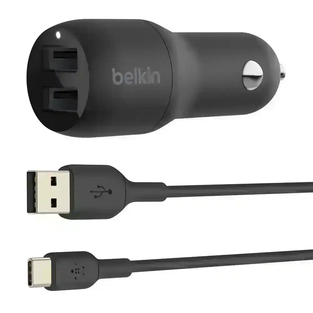 Belkin 24W Dual USB-A Car Charger w/ USB-C Cable for iPhone 11 X /Samsung S8+ S8