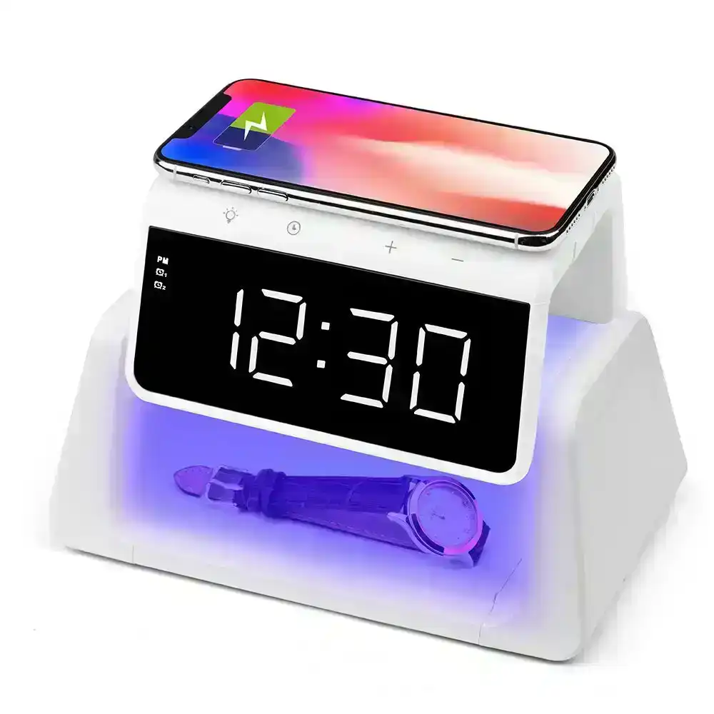 Rewyre Alarm Clock USB-C 5V 10W Qi Wireless Charger/UV Disinfection Lamp White
