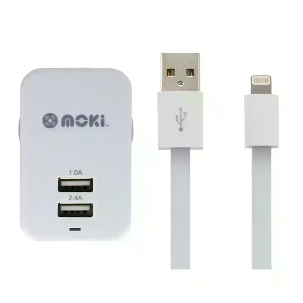 Moki 3.4A Lightning to Dual USB-A Charge Cable/Wall Adapter Plug f/ Apple iPhone