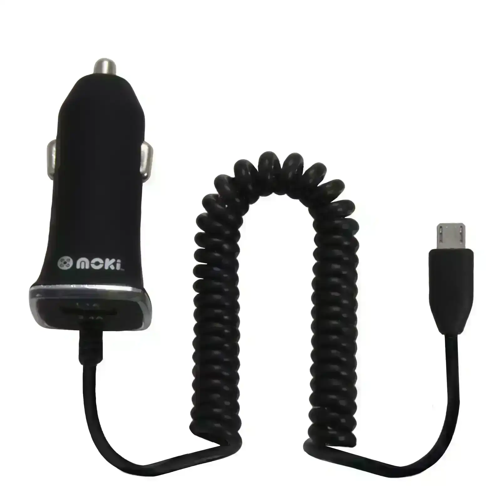 Moki 4ft Coiled Fixed Cable 2.4A MicroUSB Car Charger w/ USB Port f/ Smartphones