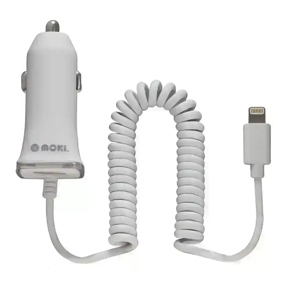 Moki 4ft Fixed Coiled Lightning Cable Car Charger w/USB Port f/ iPhone/iPad/iPod