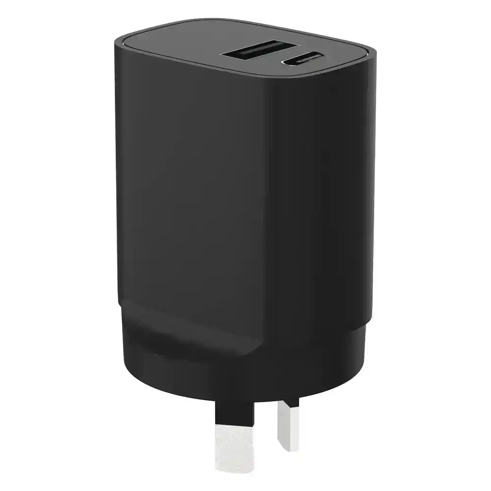 Cleanskin 20W Dual USB Port Wall Charger/USB-C PD for iPhone 13/12/Samsung Black