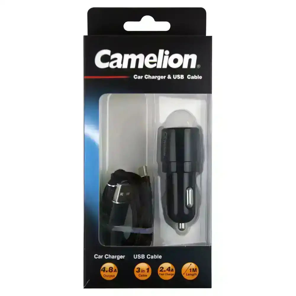 Camelion 4.8A USB Car Charger/3-in-1 Micro/Type-C/Lightning Cable f/ Smartphones