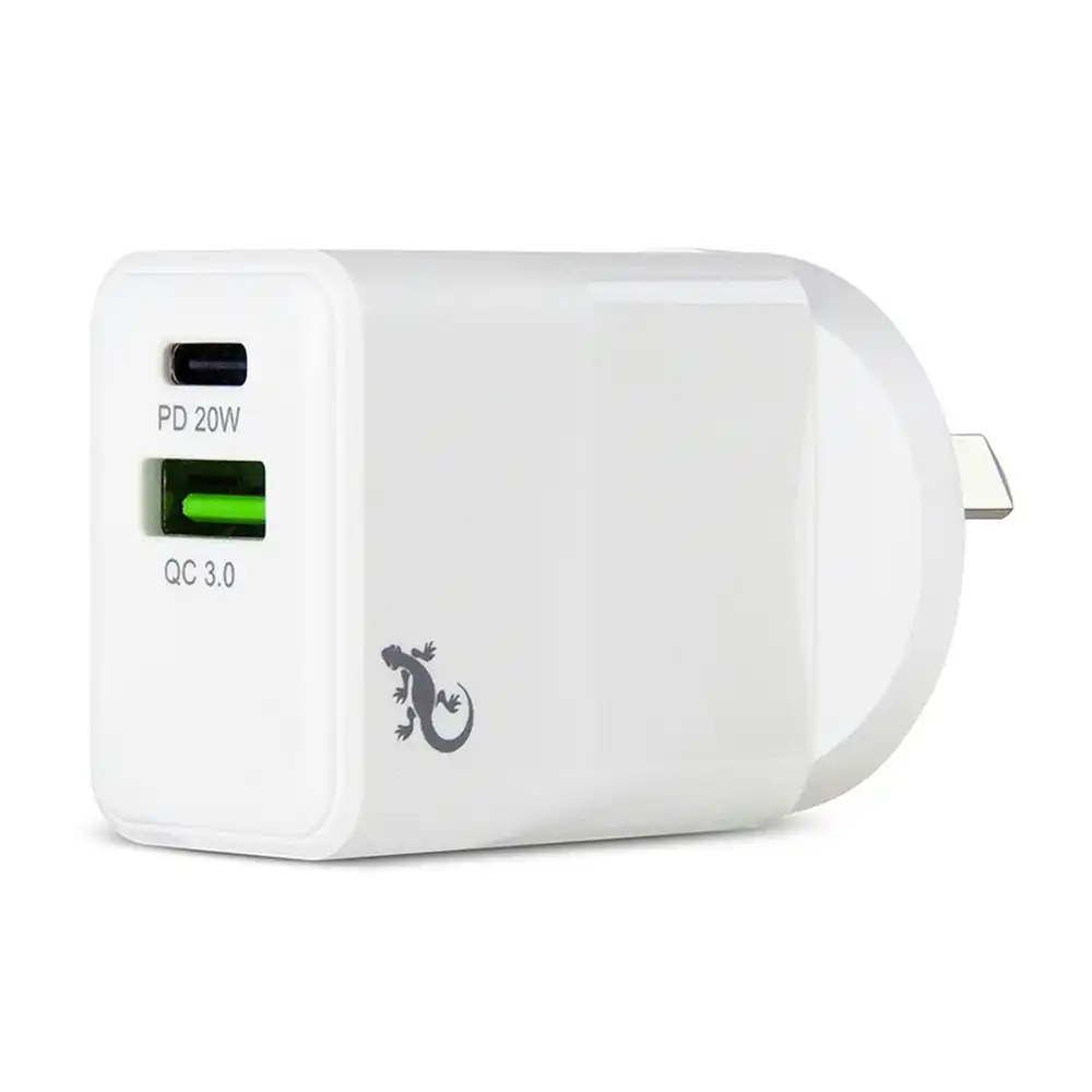 Gecko 20W PD Dual Port USB-C & USB-A Wall Charger 240V Smart/Fast Charging White