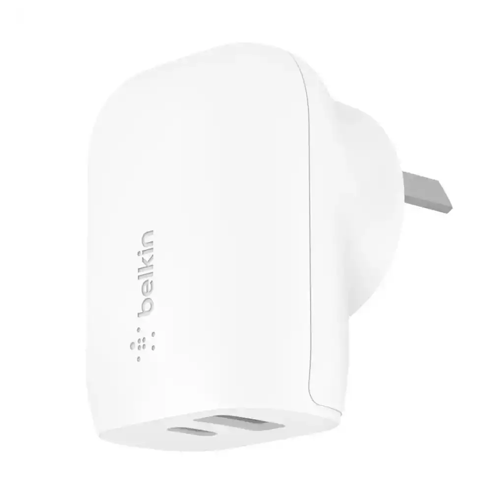 Belkin 2-Port Socket USB/USB-C 25W Wall Charger Travel Plug for iPhone/iPad WHT