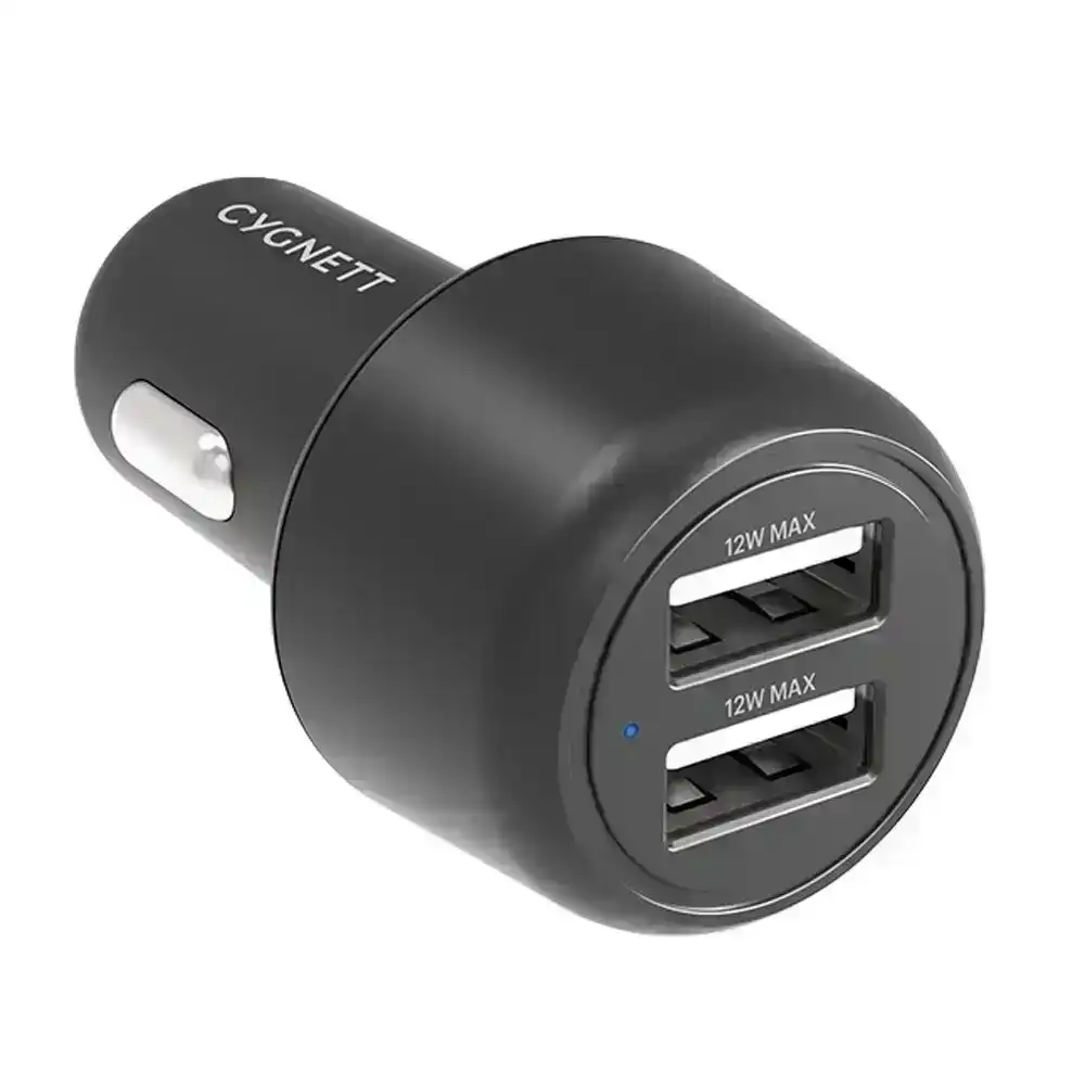 Cygnett CarPower 24W Dual Port 5V/2.4A Universal Car Phone Charger USB-A Black