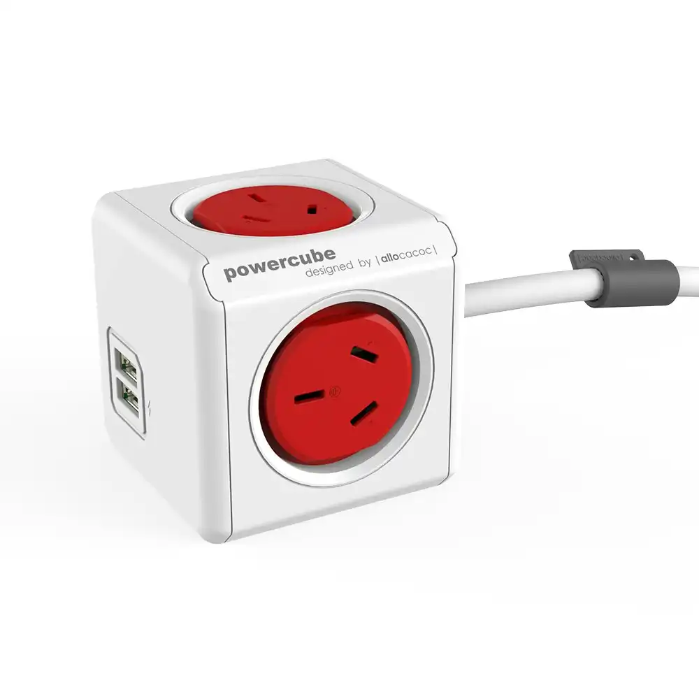 Red PowerCube 4 Socket Mountable Power Board/1.5m Cord/2 USB Charger 240v 2400w