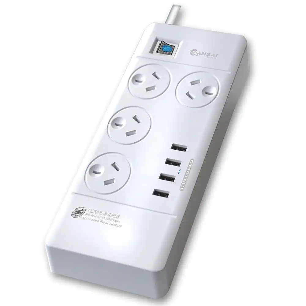 Power Board 4 Way Outlets Socket 4 Usb Charging Charger Ports w/ Surge Protector