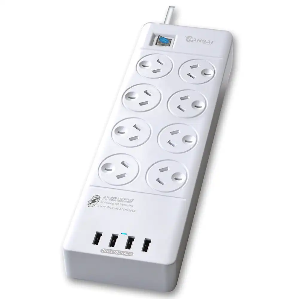 Power Board 8 Way Outlets Socket 4 Usb Charging Charger Ports w/Surge Protector