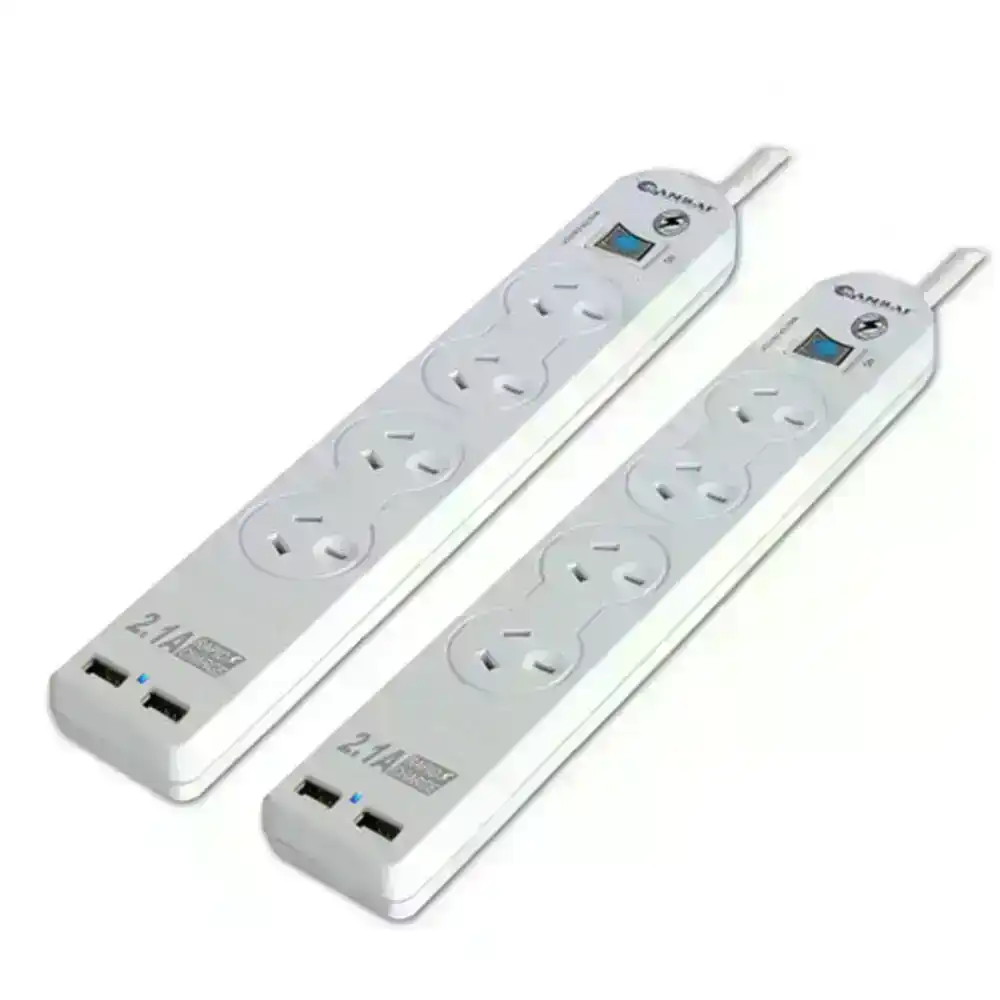 2PK Sansai 4-Way Power Board w/ 2.1A USB Outlet Surge Protected 1m Lead 10A