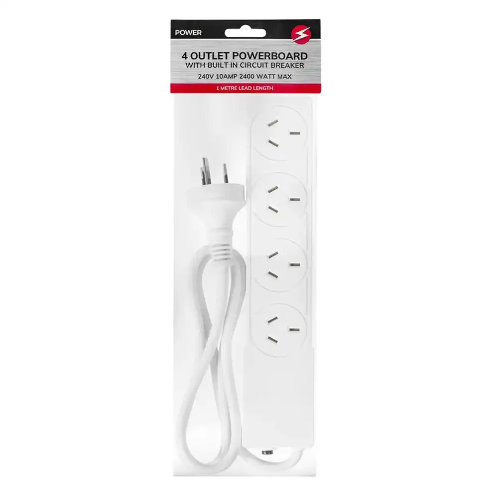 Power 4 Outlet Powerboard 1m Lead Extension Power Board Strip Cord/Socket White