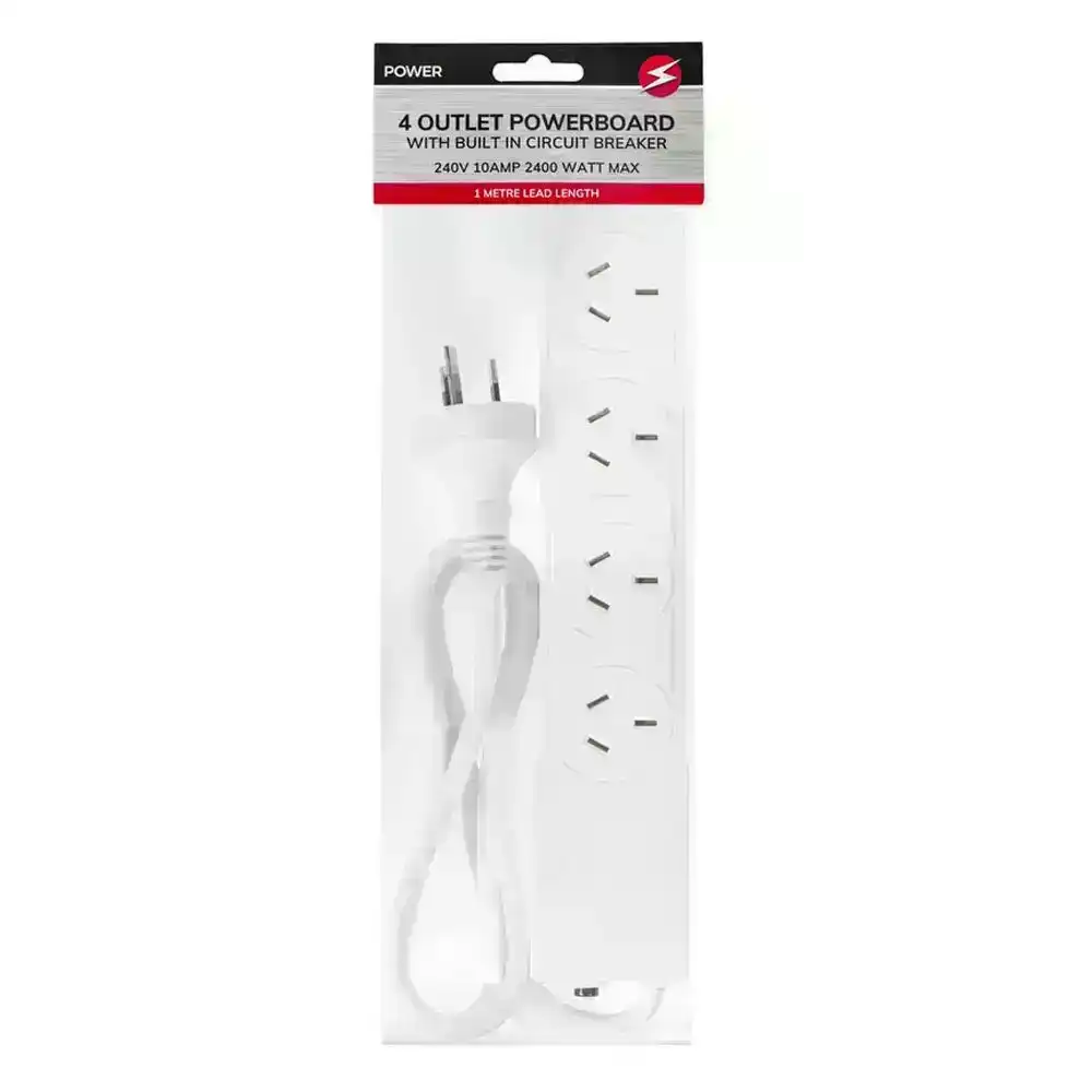 Power 4 Outlet Powerboard 1m Lead Extension Power Board Strip Cord/Socket White