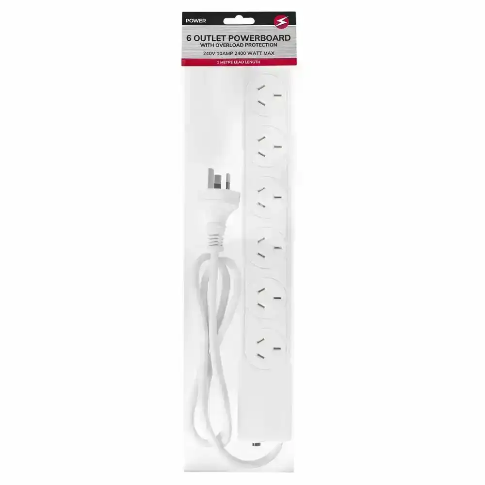 Power 6 Outlet Powerboard 1m Lead Extension Power Board Strip Cord/Socket White